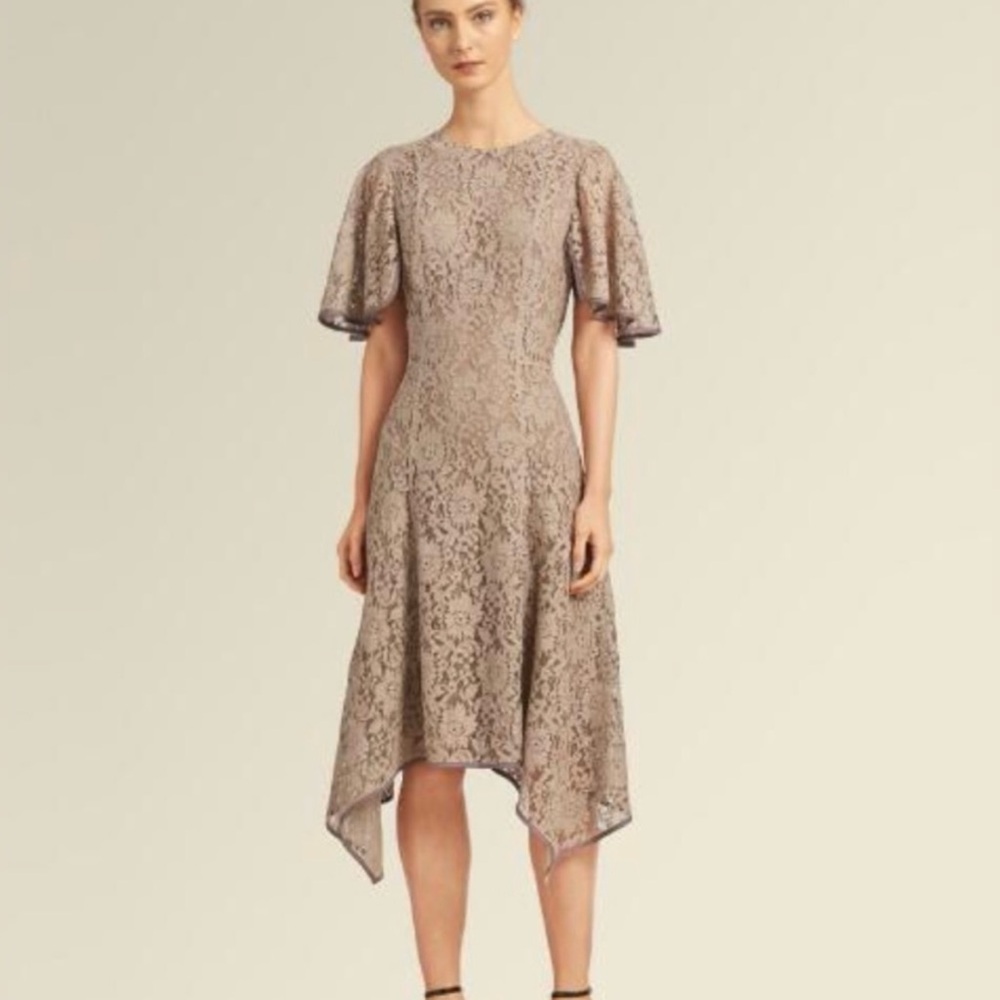 Donna Karan Asymmetrical Lace Dress in Tan Mauve Flutter Sleeve Cocktail Size 8